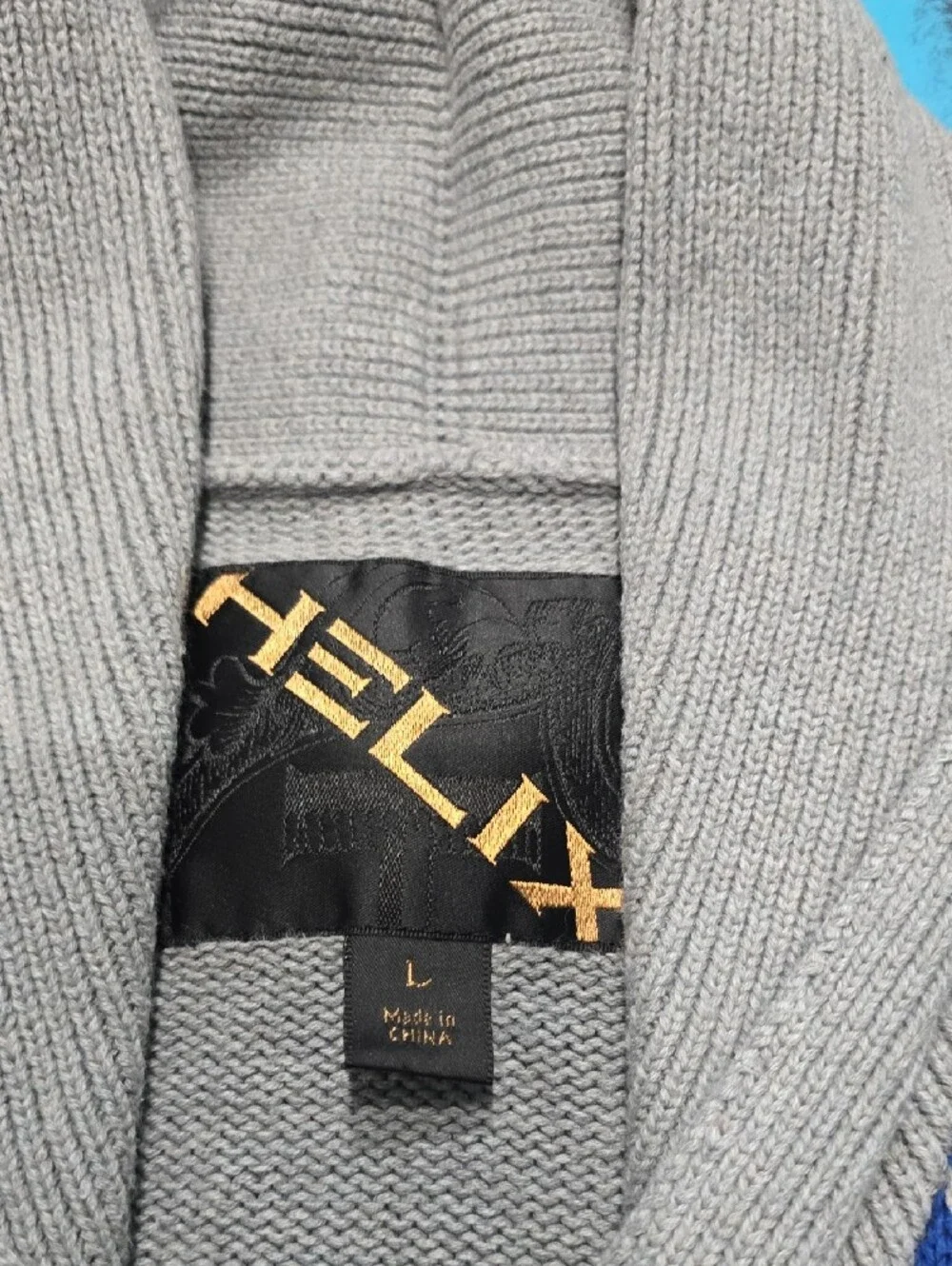 Helix Gray Cardigan Sweater with Blue Pattern
